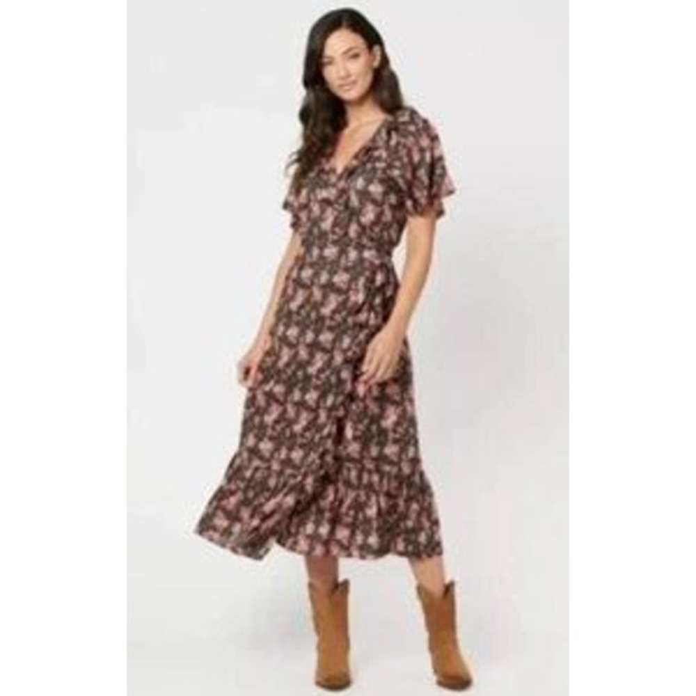Buffalo David Bitton L Shauna Floral Cotton Tie Wrap Ruffle maxi Dress Flutter